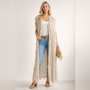 Crystal Handwovens Textured Fringe Duster Vest Sz M Boho Linen Blend Long